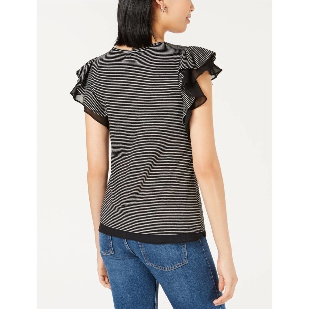 Maison Jules Black White Stripe Ruffle Sleeve Top Extra Small - Picture 4 of 9